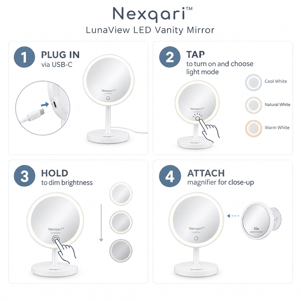 Nexqari™ LED 化妆镜使用步骤图