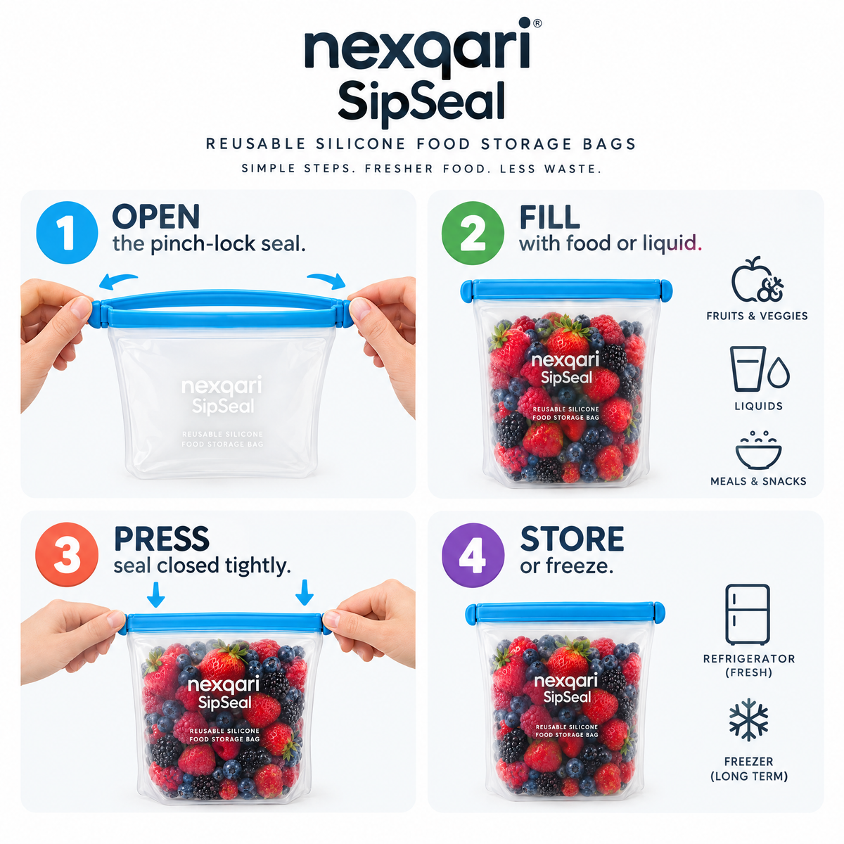 Nexqari™ SipSeal Reusable Silicone Food Storage Bags (Set of 6)