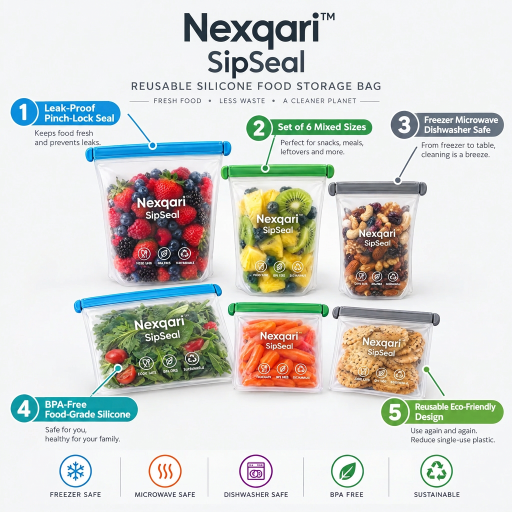 Nexqari™ SipSeal Reusable Silicone Food Storage Bags (Set of 6)