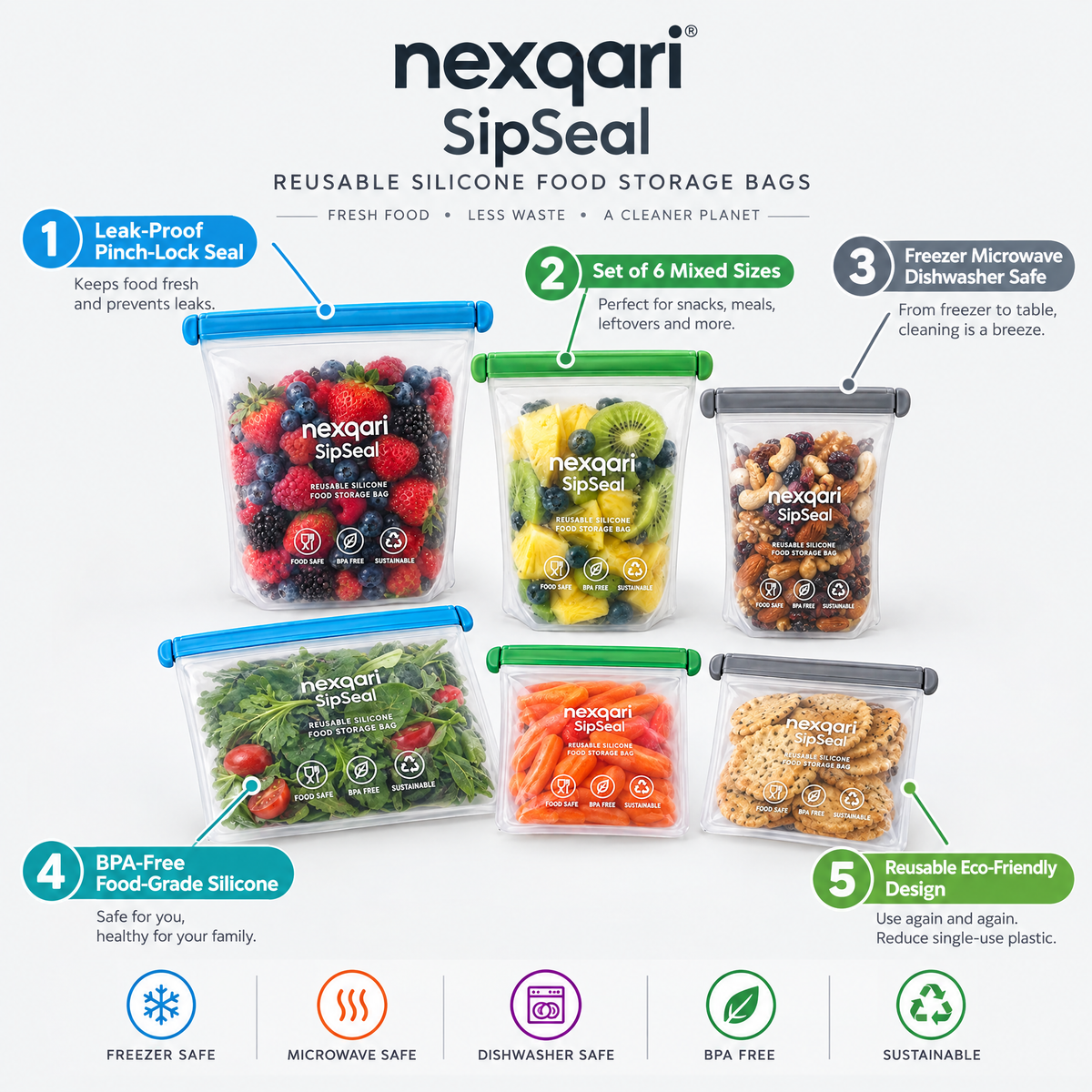 Nexqari™ SipSeal Reusable Silicone Food Storage Bags (Set of 6)