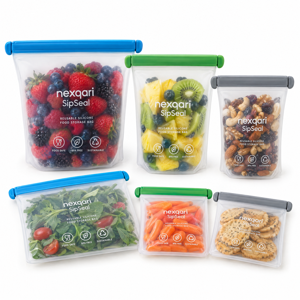 Nexqari™ SipSeal Reusable Silicone Food Storage Bags (Set of 6)