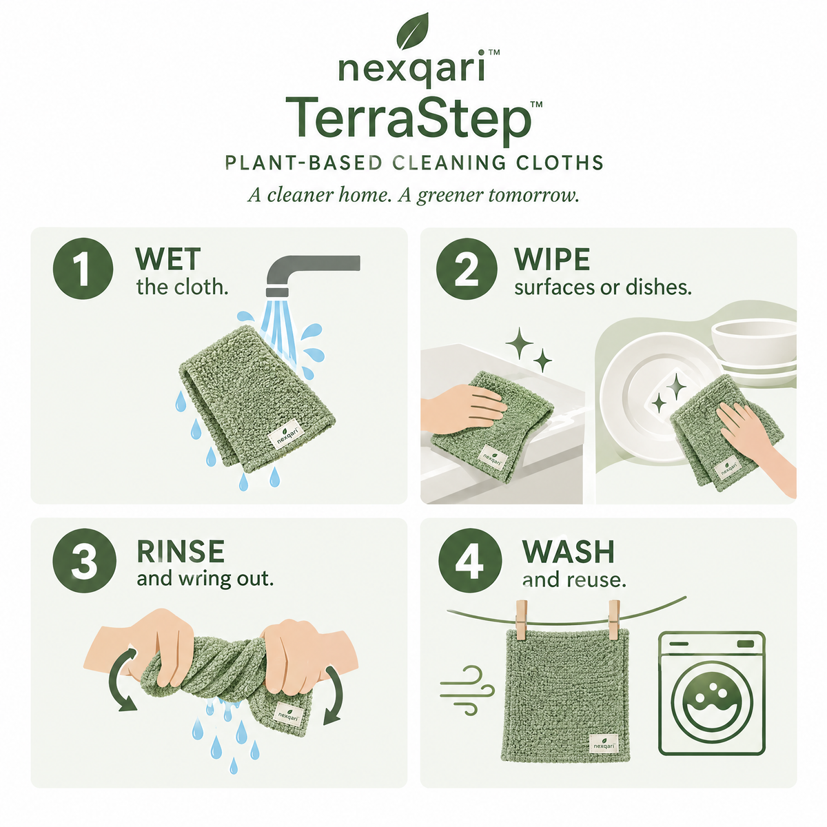 Nexqari™ TerraStep Eco-Friendly Plant-Based Cleaning Cloths (Set of 8)