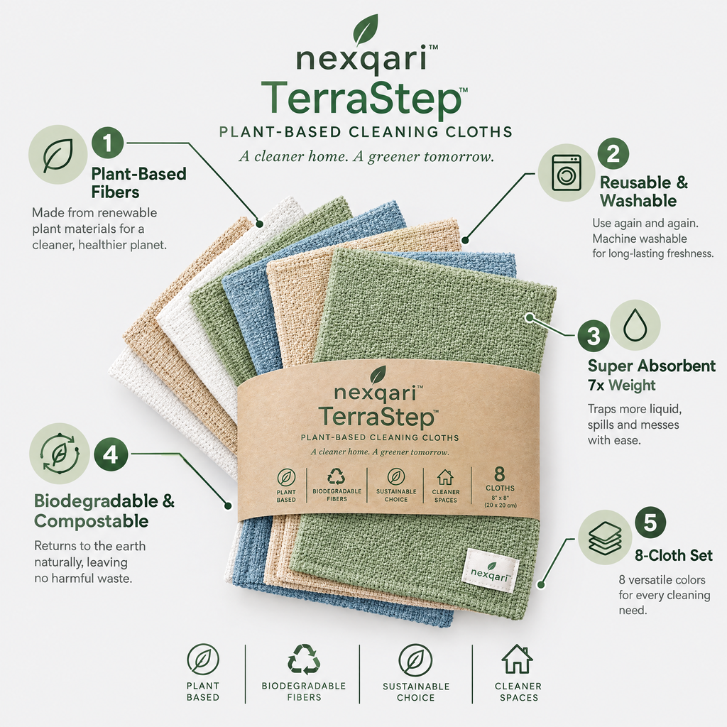 Nexqari™ TerraStep Eco-Friendly Plant-Based Cleaning Cloths (Set of 8)