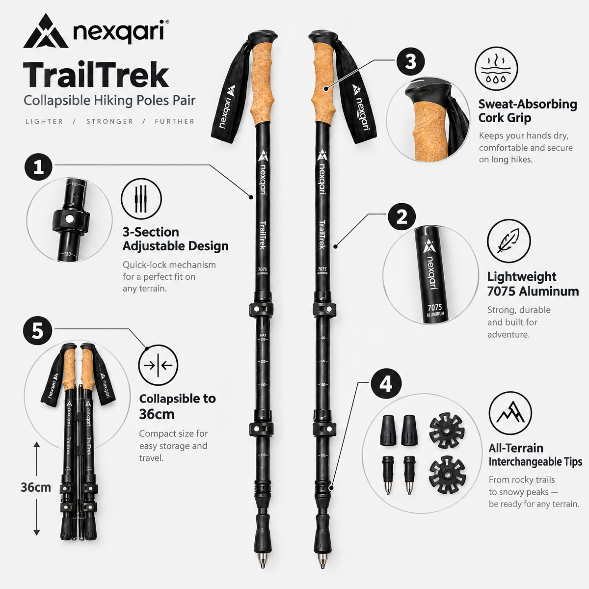 Nexqari™ TrailTrek Collapsible Hiking Poles (Pair)