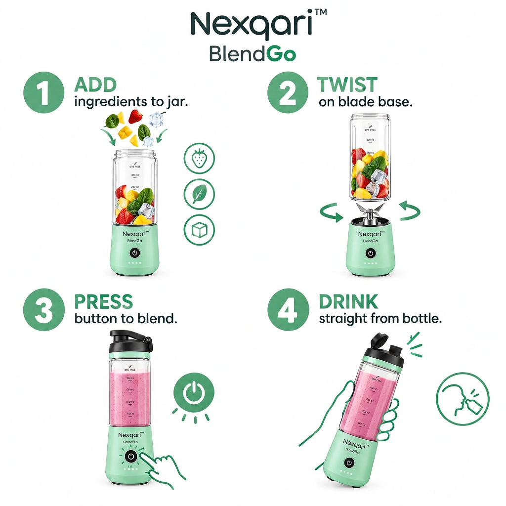 Nexqari™ 便携榨汁机使用步骤图